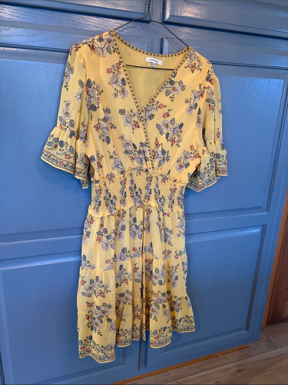 Max Studio Yellow Floral Wrap-Style Midi Dress